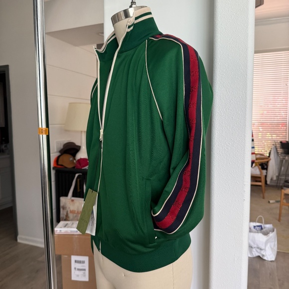 GUCCI Green Cotton/Poly blend Jacquard Zip up TRACK Jacket Sweatshirt, size Lg. - Picture 6 of 13